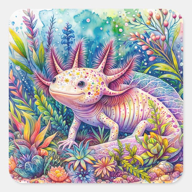 Adesivo Quadrado Axolotl Botanical Watercolor Art (Frente)