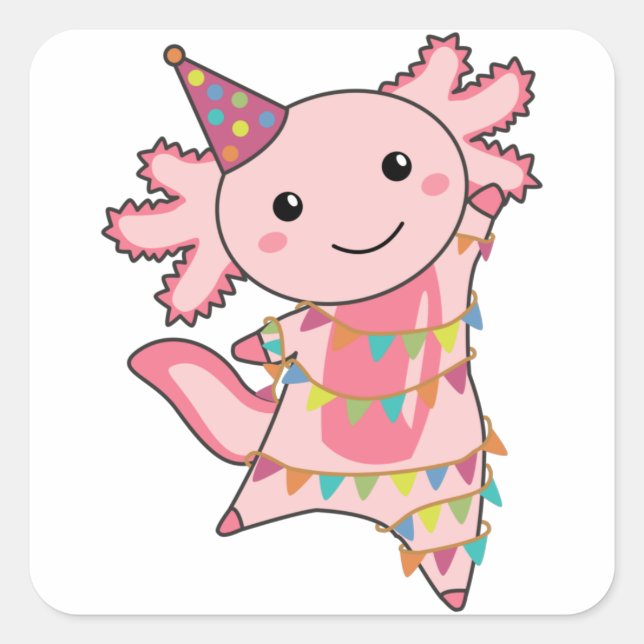 Adesivo Quadrado Axolotl Deseja Feliz Aniversário Para Você, Axolot (Frente)