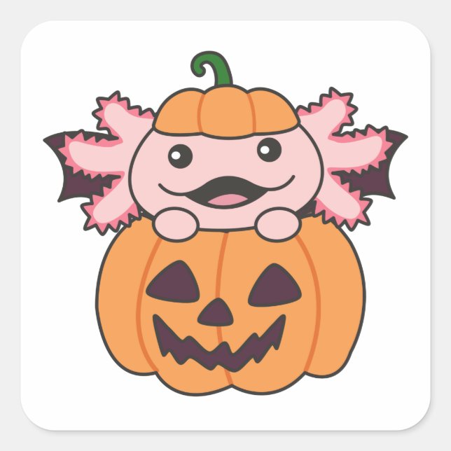 Adesivo Quadrado Axolotl Halloween Pumpkin Bat Costume (Frente)