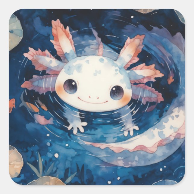 Adesivo Quadrado Axolotl Whimsical em Águas Luulares (Frente)
