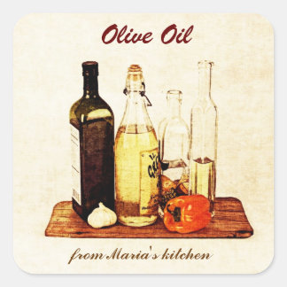 Adesivo Quadrado Azeite - garrafas de óleo vegetal com vegetais