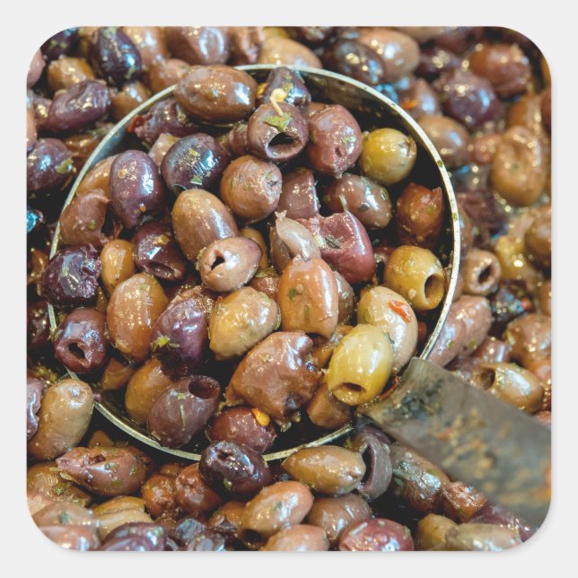 Adesivo Quadrado Azeitonas de leccino preto salgadas e salgadas (Frente)