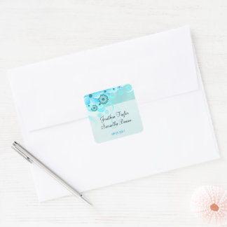 Adesivo Quadrado Azul-Aqua Claro Floral Salvar O Vinheta De Favor D