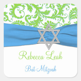 Adesivo Quadrado Azul, Branco, Damasco Verde Bat Mitzvah Sticker