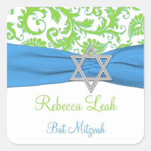 Adesivo Quadrado Azul, Branco, Damasco Verde Bat Mitzvah Sticker