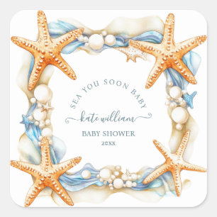 Adesivo Quadrado Azul chique costeiro vê você em breve Baby Shower