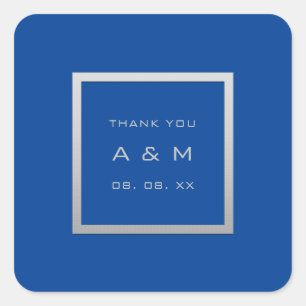 Adesivo Quadrado Azul de Casamento de Prata da Cinza do Monograma