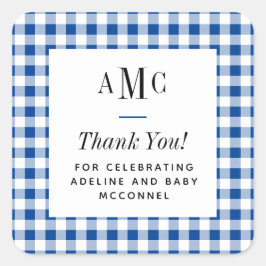 Adesivo Quadrado Azul e Branco Gingham Monograma Obrigado