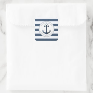 Adesivo Quadrado Azul e branco listrados com âncora personalizada