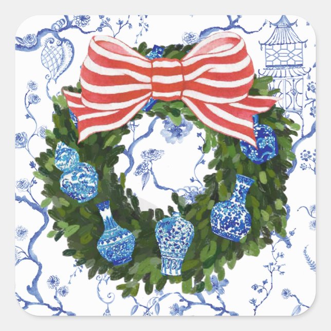 Adesivo Quadrado Azul e Chinoiserie Wreath de Natal (Frente)