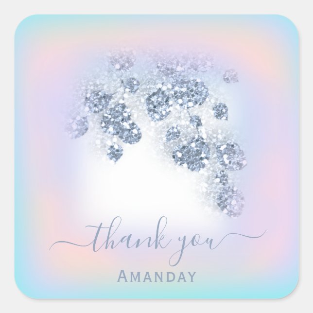 Adesivo Quadrado Azul Empoeirado Brilho Pêssego Hortelã Obrigado 16 (Frente)