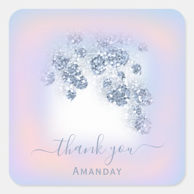 Adesivo Quadrado Azul Empoeirado Brilho Rosa Pêssego Obrigada Doce  (Frente)