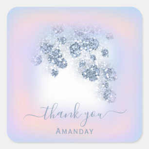 Adesivo Quadrado Azul Empoeirado Brilho Rosa Pêssego Obrigada Doce 