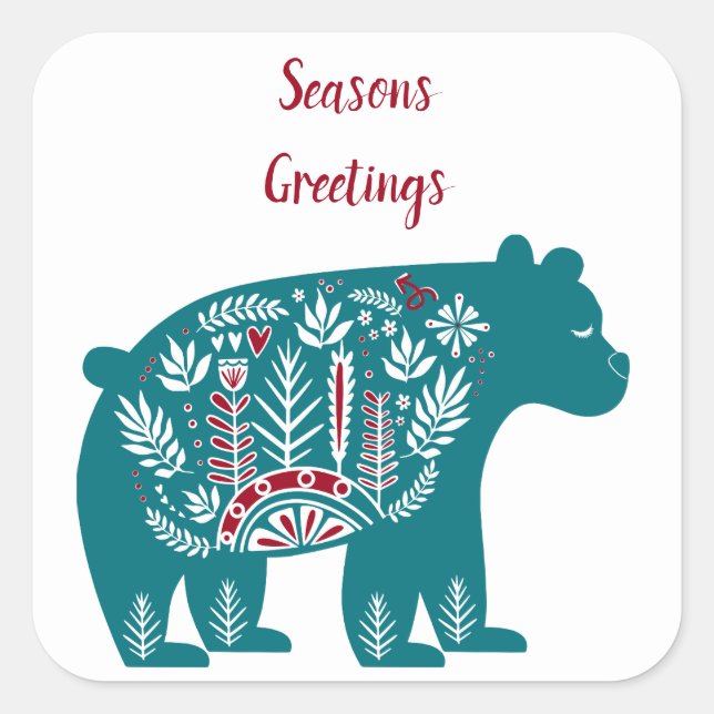 Adesivo Quadrado Azul Escandinavo Nórdico e Urso Vermelho (Frente)