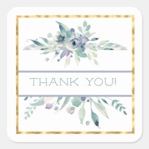 Adesivo Quadrado Azul Floral Watercolor e Dourado Obrigado