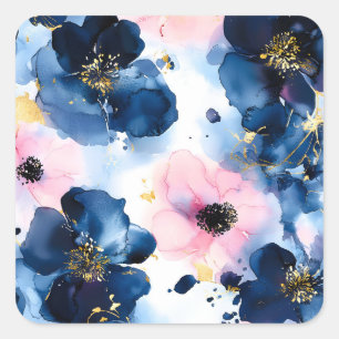 Adesivo Quadrado Azul Marinho Bege Rosa Dourado Floral Aquarela
