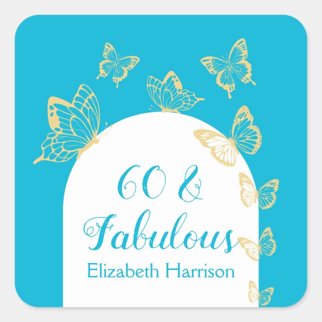 Adesivo Quadrado Azul moderno Borboletas Douradas Fabuloso Aniversá (Frente)