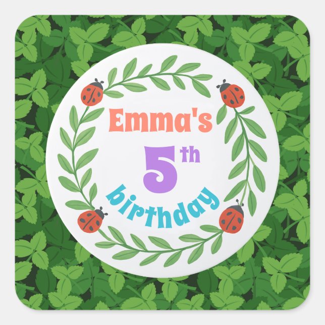 Adesivo Quadrado Azul personalizado bonito - 5 Folybug e Folha - An (Frente)