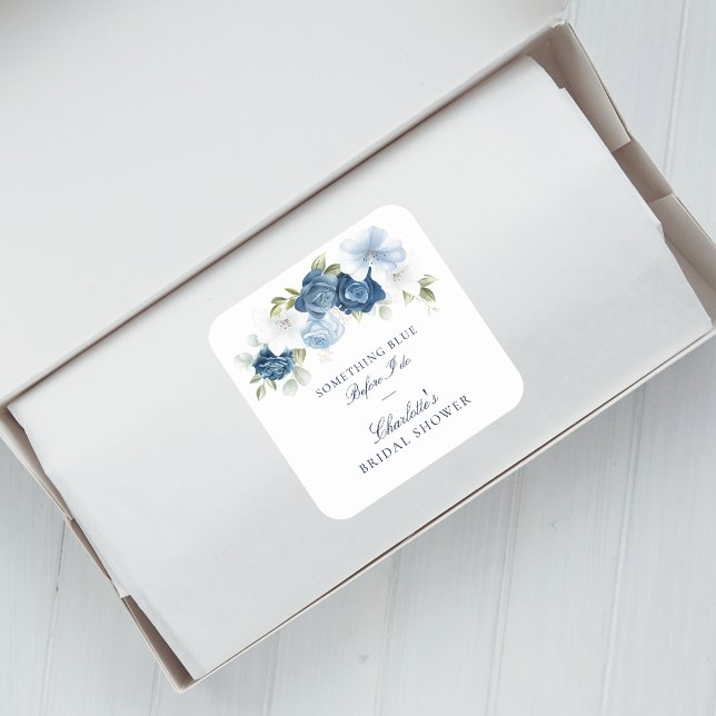 Adesivo Quadrado Azul Pó Antes Que Eu Faça Chá de panela Floral (Floral Dusty Blue Botanical Bridal Shower Square Sticker)