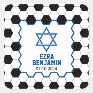 Adesivo Quadrado Azul Preto Branco Bola de Futebol Bar Mitzvah