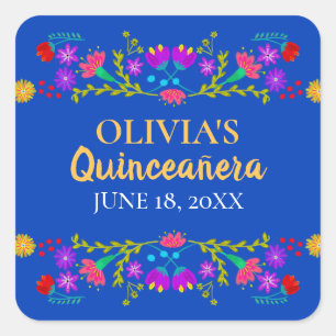 Adesivo Quadrado Azul Real Mis Quince Anos Flores da Festa Mexicana