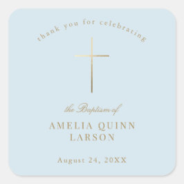 Adesivo Quadrado Azul, Simples Elegante, Dourado, batismo, Christen