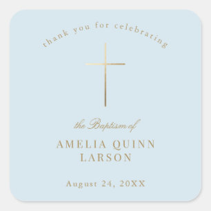 Adesivo Quadrado Azul, Simples Elegante, Dourado, batismo, Christen