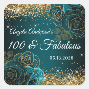 Adesivo Quadrado Azul Teal Floral Dourado Brilho Glam 100 & Fabulos