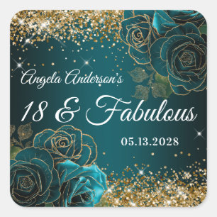 Adesivo Quadrado Azul Teal Floral Dourado Brilho Glam 18 & Fabuloso