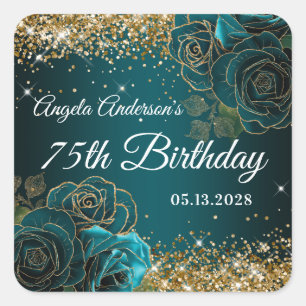 Adesivo Quadrado Azul Teal Floral Dourado Brilho Glam 75º Aniversár