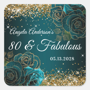Adesivo Quadrado Azul Teal Floral Dourado Brilho Glam 80 & Fabuloso