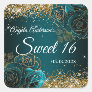 Adesivo Quadrado Azul Teal Floral Dourado Brilho Glam Doce 16