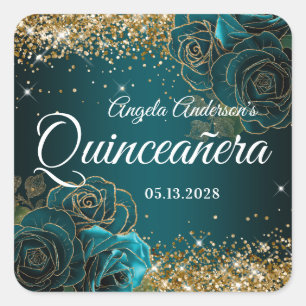 Adesivo Quadrado Azul Teal Floral Dourado Brilho Glam Quinceañera
