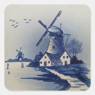 Adesivo Quadrado Azul Vintage Delft Moinho de Vento Branco