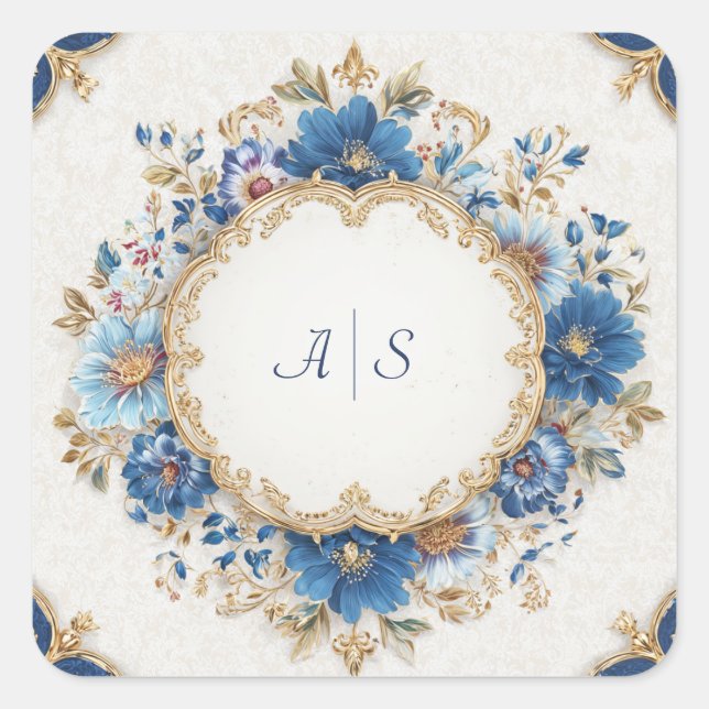 Adesivo Quadrado Azul vitoriano luxuoso e Design Floral Dourada (Frente)