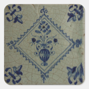 Adesivo Quadrado Azulejo azul de Delft - vaso com flores e buquê