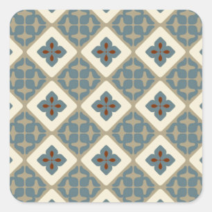 Adesivo Quadrado Azulejo Floral Marroquino Padrão Azul Tan Vermelho