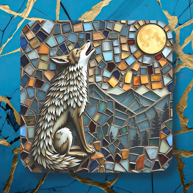 Adesivo Quadrado Azulejo mosaico Wolf Howling na lua (Criador carregado)