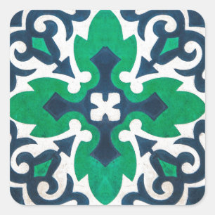 Adesivo Quadrado Azulejo Ornamental Damask Blue Green Swirl