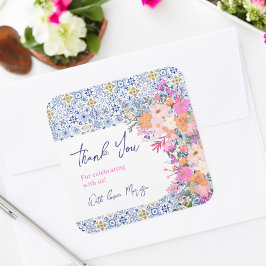 Adesivo Quadrado Azulejos azuis italianos obrigado floral você chá 