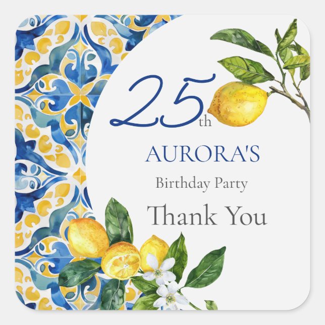 Adesivo Quadrado Azulejos mediterrânicos Lemon 25 Birthday (Frente)