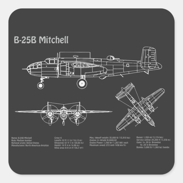 Adesivo Quadrado B-25B Mitchell Doolittle - PD de avião Blueprint (Frente)