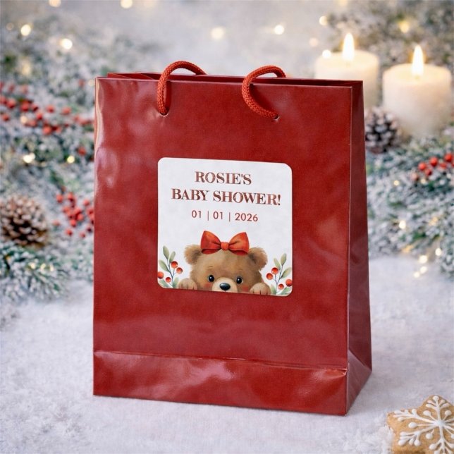 Adesivo Quadrado Baby Bear And Rowan Berries Baby Shower (Baby Bear And Rowan Berries Baby Shower Square Sticker)