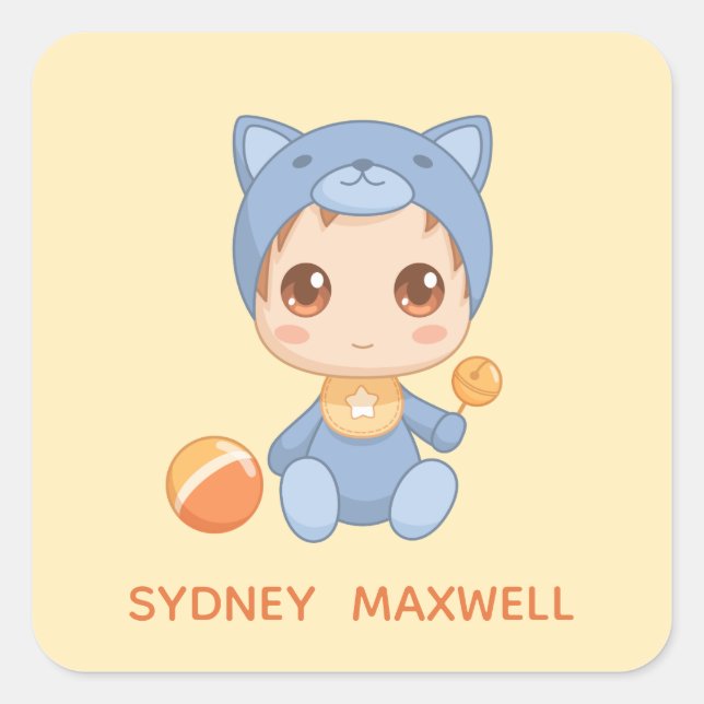Adesivo Quadrado Baby Boy Girl Cat Jumpcase Personalizado Name Amar (Frente)