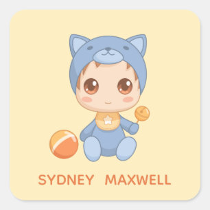 Adesivo Quadrado Baby Boy Girl Cat Jumpcase Personalizado Name Amar