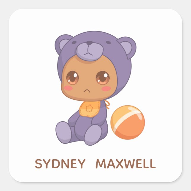 Adesivo Quadrado Baby Boy Girl Purple Bear Nome Personalizado (Frente)