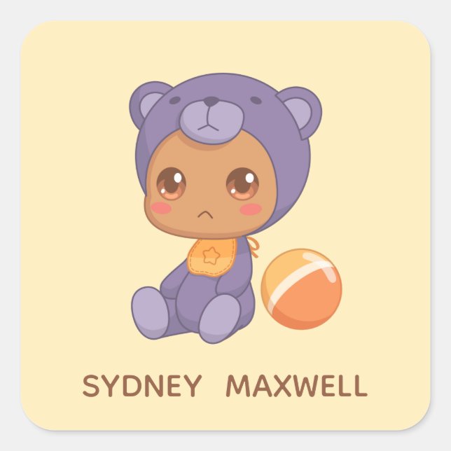 Adesivo Quadrado Baby Boy Girl Purple Bear Nome Personalizado 2 (Frente)