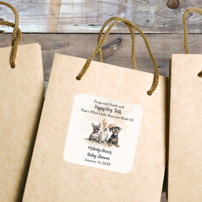 Adesivo Quadrado Baby Boy Puppy Dog Chá de fraldas (Baby Boy Puppy Dog Tails Baby Shower Sticker with Watercolor Puppies, Mom's Name, Shower Date.)