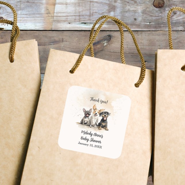 Adesivo Quadrado Baby Boy Puppy Dog Tails Chá de fraldas Obrigado (Puppy Dog Tails Baby Shower Square Favor Thank You Sticker with Watercolor Puppies, Mom's Name, Date)