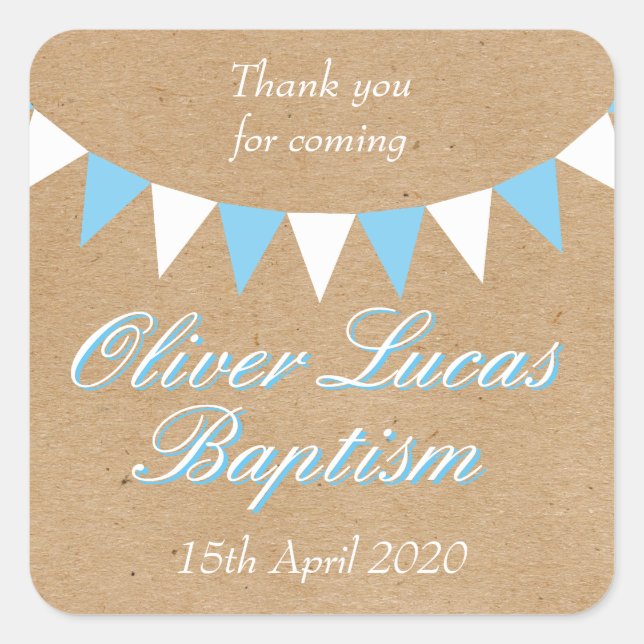 Adesivo Quadrado Baby Bunting Blue Baptism Christening Favor (Frente)